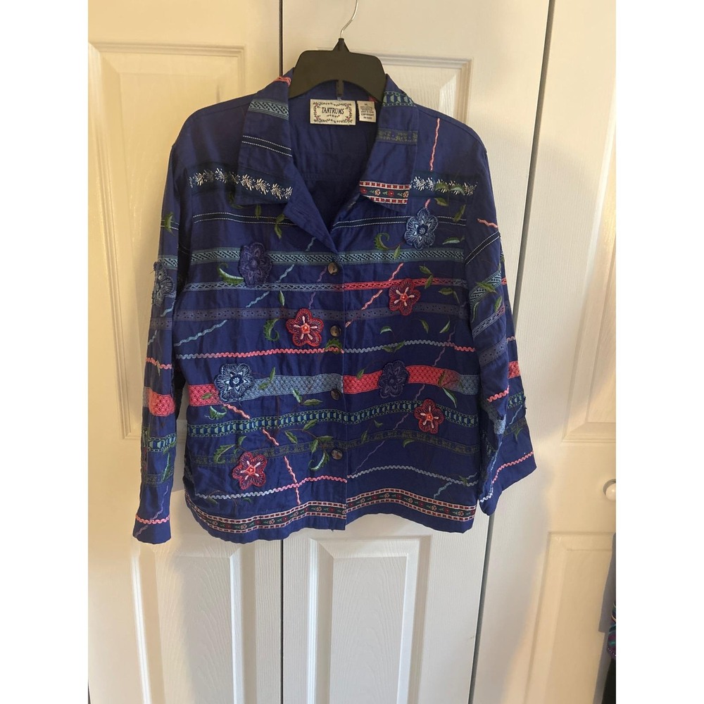 Vintage Tantrums Blue Cotton Floral Embroidered Button Up Jacket XL